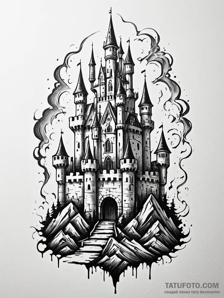 Desolate castle in storm, tattoo sketch desig… — эскиз тату (№1752339053_0, 12.07.2025 16:50) — Tatufoto.com