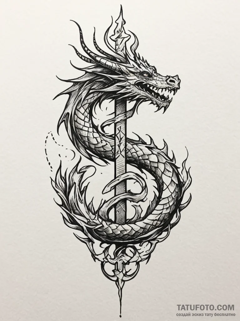 Dragon flame bound in runes, ink illustration... - эскиз тату (№1752339480_0, 12.07.2025 16:58) — Tatufoto.com
