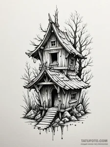 Baba yaga's hut on chicken legs, tattoo flash... - эскиз тату (№1752339816_0, 12.07.2025 17:03) — Tatufoto.com