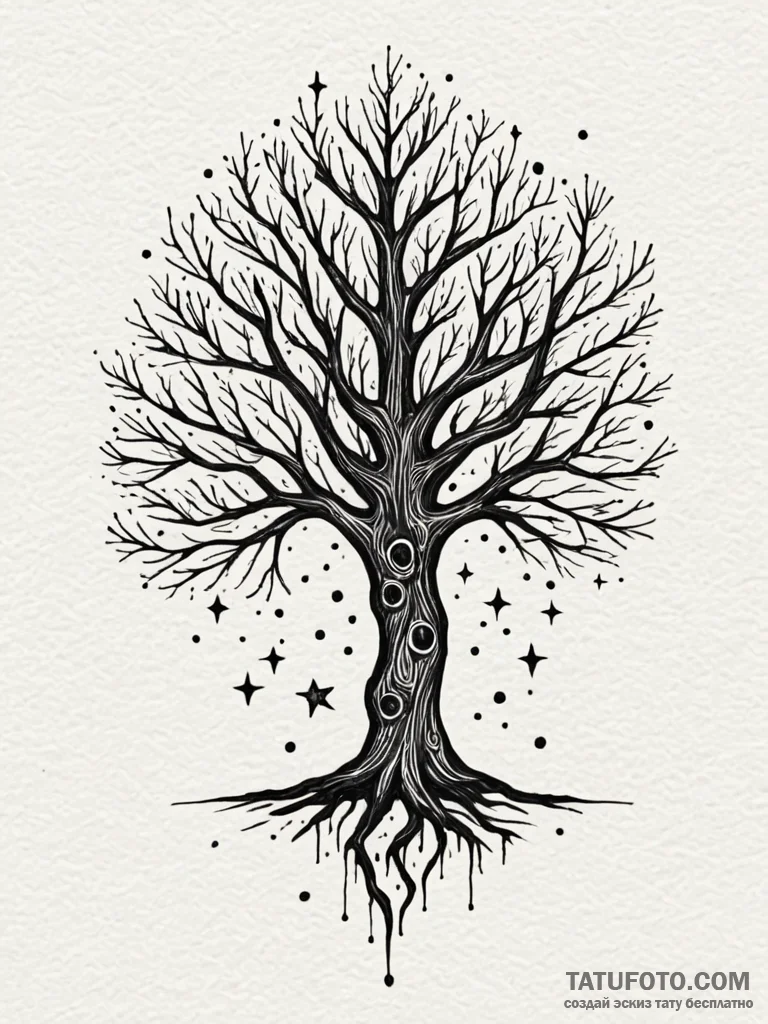 Night tree crowned with stars, artistic tatto… — эскиз тату (№1752339984_0, 12.07.2025 17:06) — Tatufoto.com