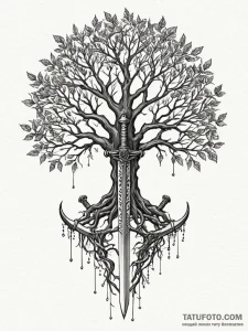 Ancient tree with swords in roots, tattoo fla... - эскиз тату (№1752340153_0, 12.07.2025 17:09) — Tatufoto.com