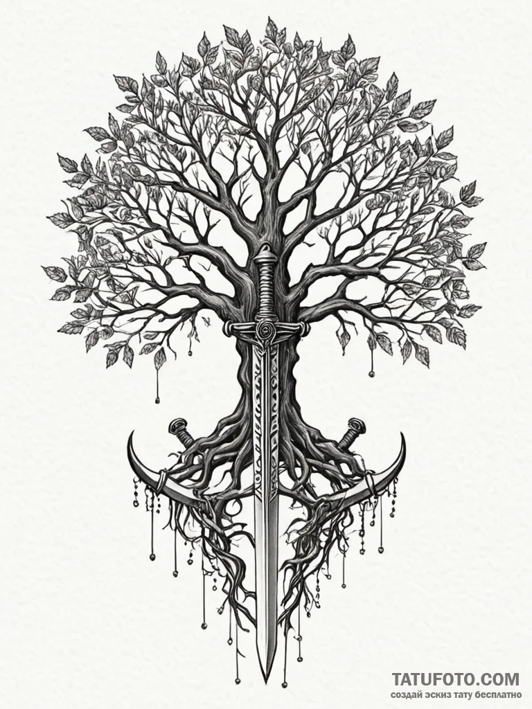 Ancient tree with swords in roots, tattoo fla… — эскиз тату (№1752340153_0, 12.07.2025 17:09) — Tatufoto.com