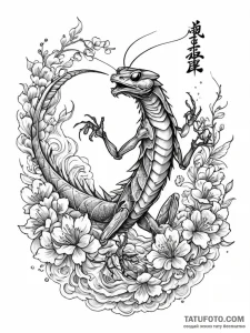 A praying mantis in a martial arts pose, tatt... - эскиз тату (№1752340744_0, 12.07.2025 17:19) — Tatufoto.com