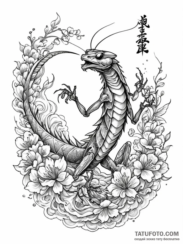 A praying mantis in a martial arts pose, tatt... - эскиз тату (№1752340744_0, 12.07.2025 17:19) — Tatufoto.com