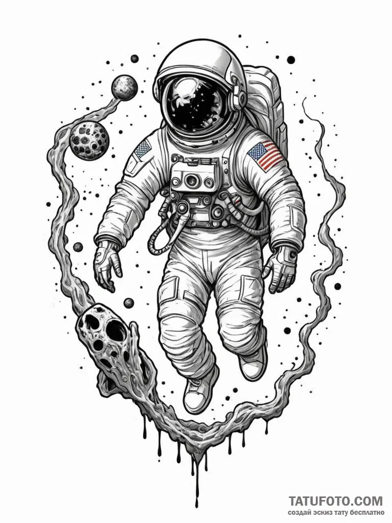Tattoo sketch, an astronaut discovering a cos… — эскиз тату (№1752340991_0, 12.07.2025 17:23) — Tatufoto.com