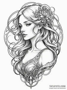 Tattoo sketch, an art nouveau android with fl... - эскиз тату (№1752341074_0, 12.07.2025 17:24) — Tatufoto.com