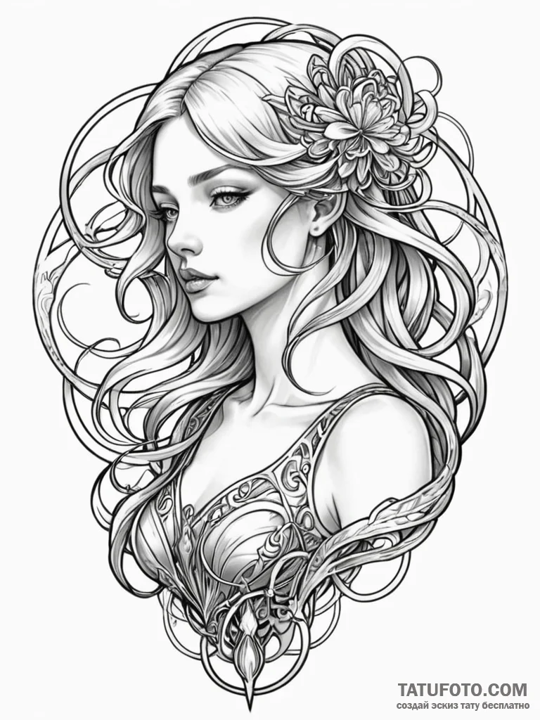 Tattoo sketch, an art nouveau android with fl… — эскиз тату (№1752341074_0, 12.07.2025 17:24) — Tatufoto.com