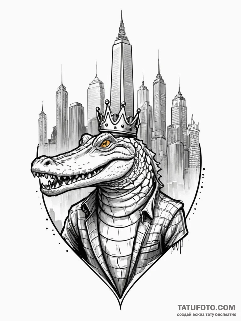 Tattoo sketch, an alligator wearing a crown o... - эскиз тату (№1752341324_0, 12.07.2025 17:28) — Tatufoto.com