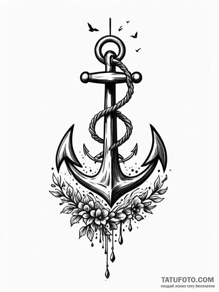Tattoo sketch, an anchor dissolving into a fl... - эскиз тату (№1752342163_0, 12.07.2025 17:42) — Tatufoto.com