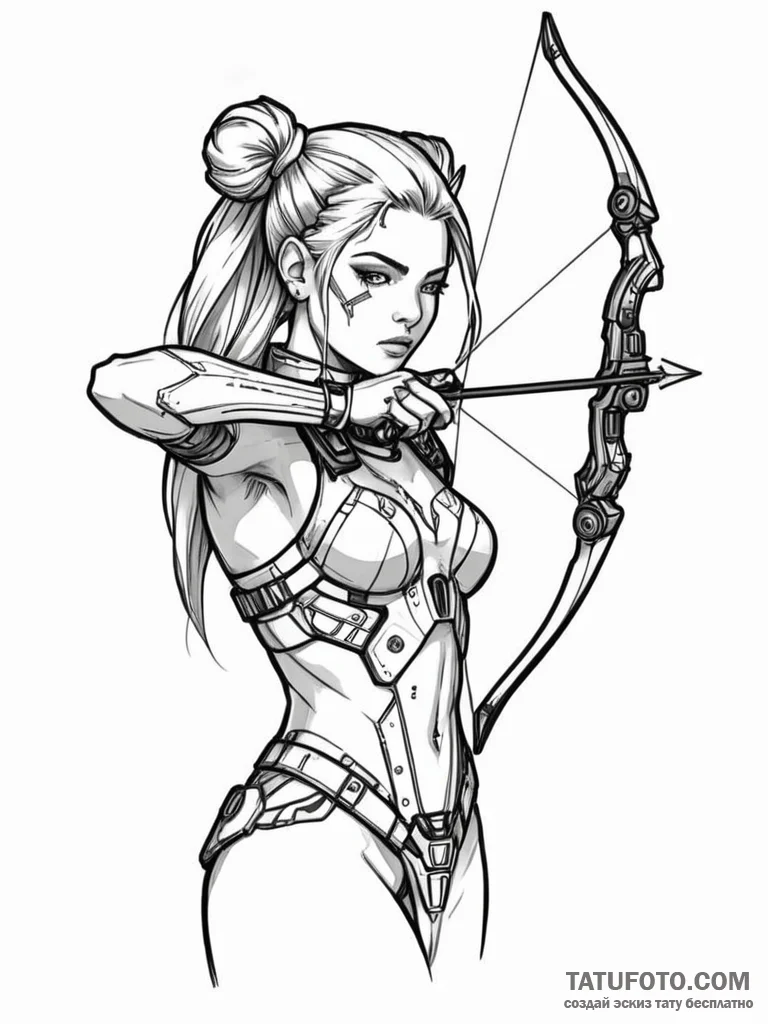 Tattoo sketch, artemis with a cyberpunk bow a... - эскиз тату (№1752342247_0, 12.07.2025 17:44) — Tatufoto.com