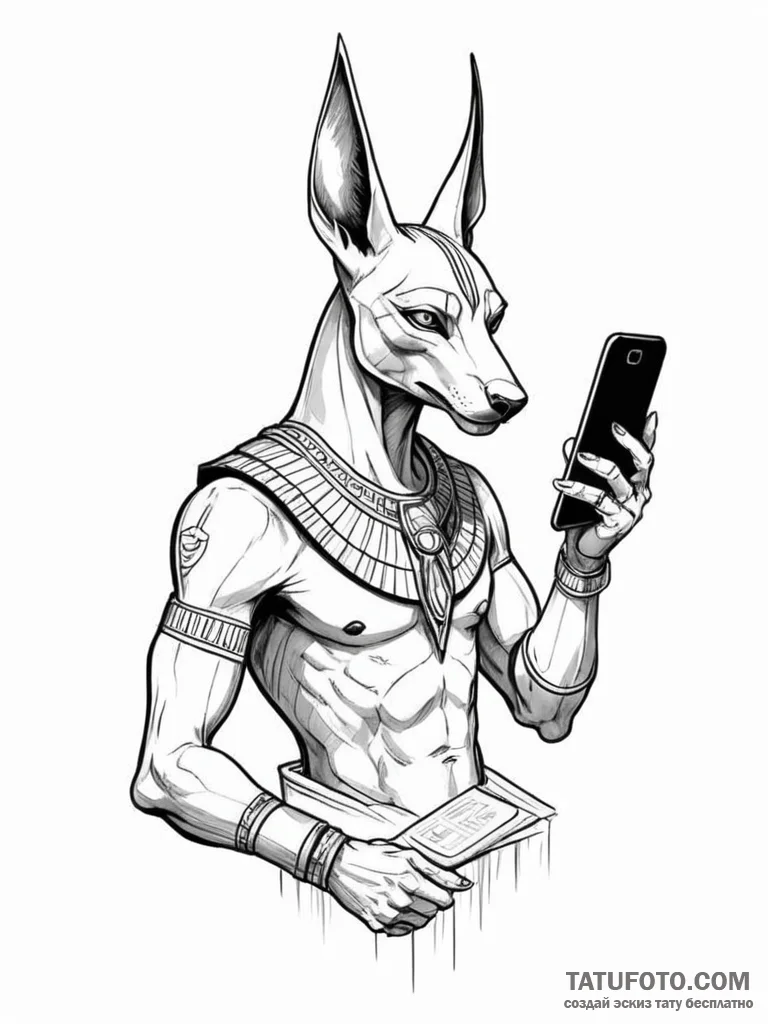 Tattoo sketch, an anubis checking notificatio... - эскиз тату (№1752342500_0, 12.07.2025 17:48) — Tatufoto.com