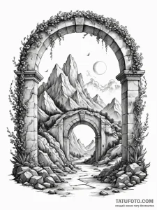 Tattoo sketch, an archway opening to a surrea... - эскиз тату (№1752342584_0, 12.07.2025 17:49) — Tatufoto.com