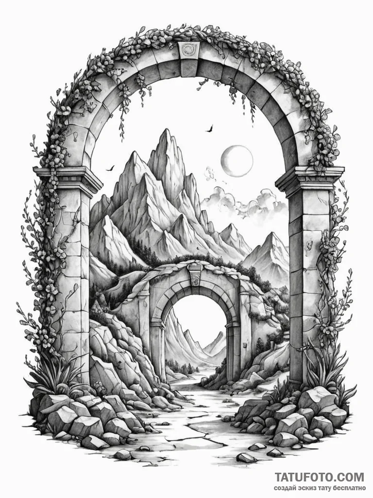 Tattoo sketch, an archway opening to a surrea... - эскиз тату (№1752342584_0, 12.07.2025 17:49) — Tatufoto.com