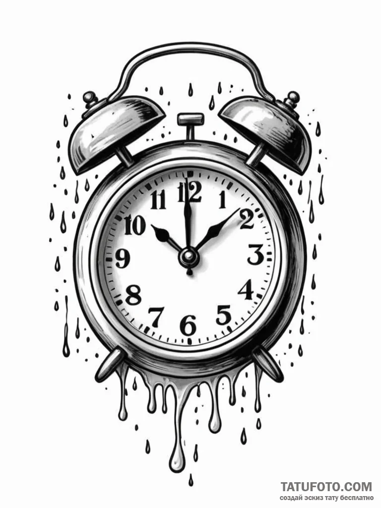 Tattoo sketch, an alarm clock melting, with n… — эскиз тату (№1752342748_0, 12.07.2025 17:52) — Tatufoto.com