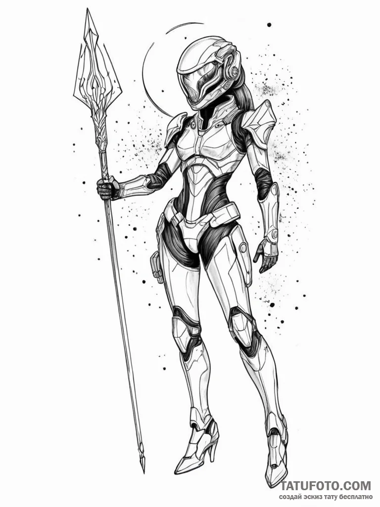 Tattoo sketch, andromeda in futuristic armor,… — эскиз тату (№1752342832_0, 12.07.2025 17:53) — Tatufoto.com