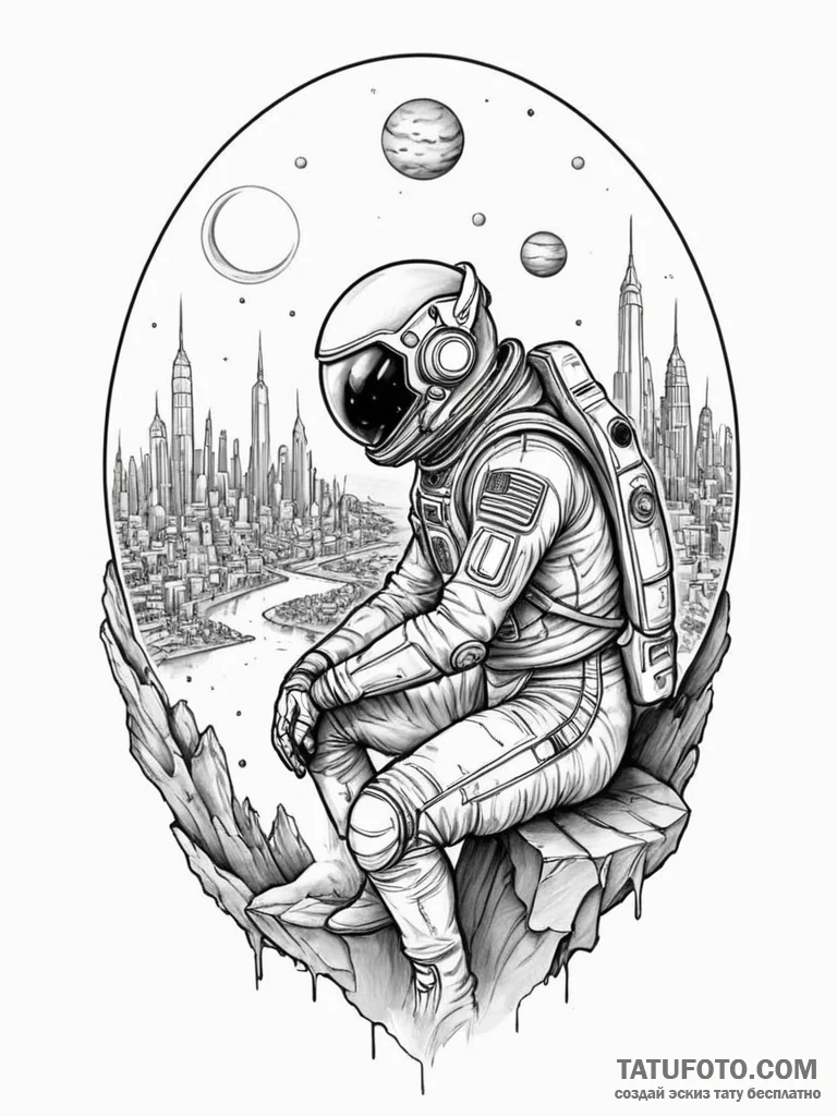 Tattoo sketch, ancient astronaut contemplatin... - эскиз тату (№1752343085_0, 12.07.2025 17:58) — Tatufoto.com