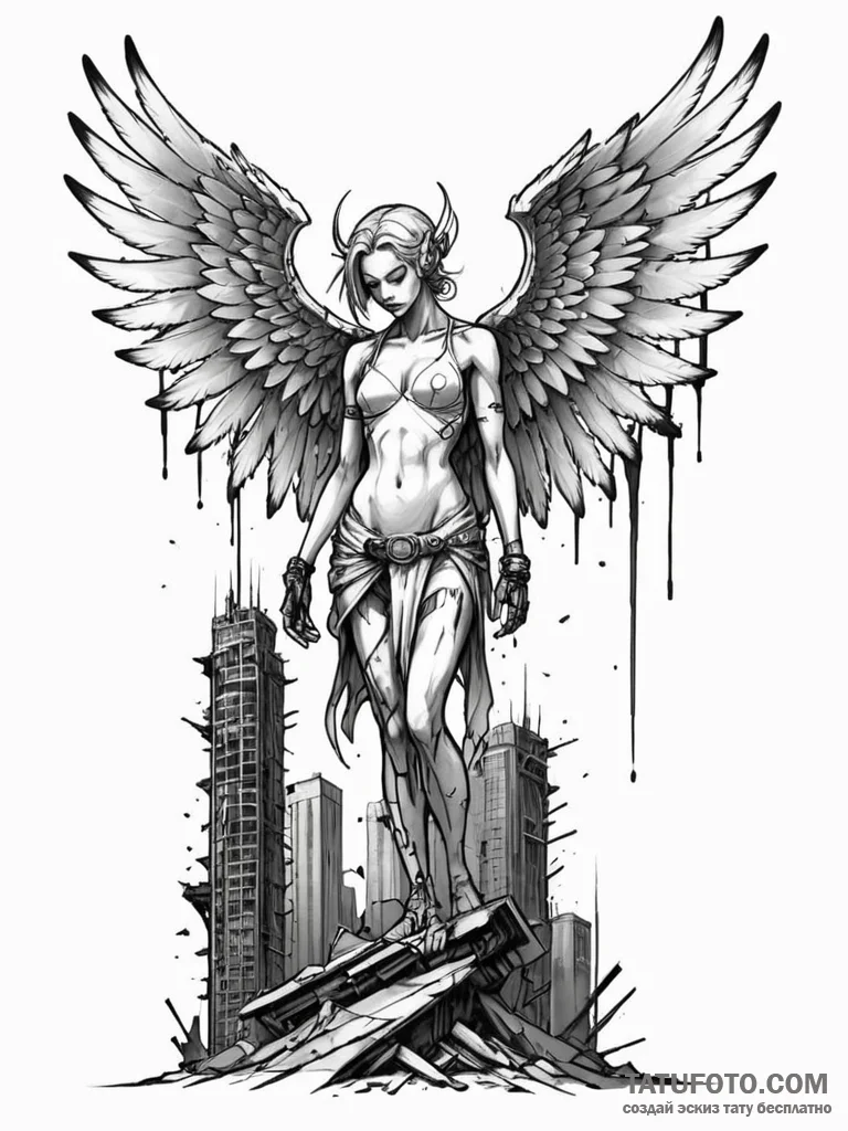 Tattoo sketch, apocalyptic angel with broken... - эскиз тату (№1752343340_0, 12.07.2025 18:02) — Tatufoto.com