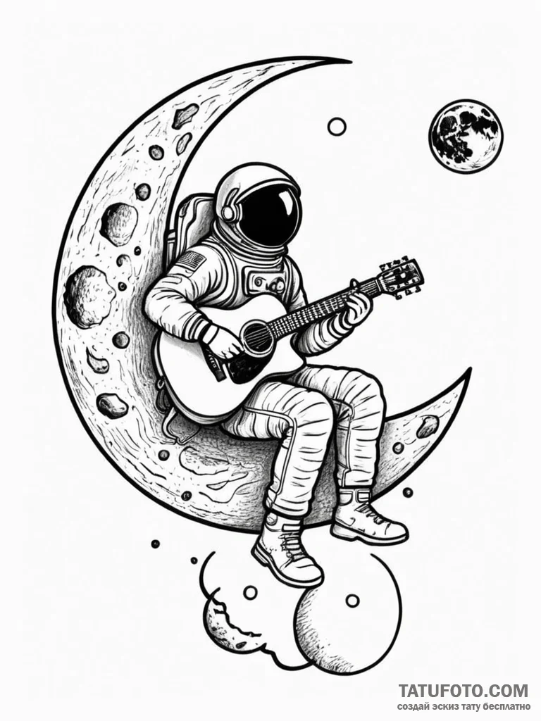 Tattoo sketch, astronaut playing an acoustic... - эскиз тату (№1752343424_0, 12.07.2025 18:03) — Tatufoto.com