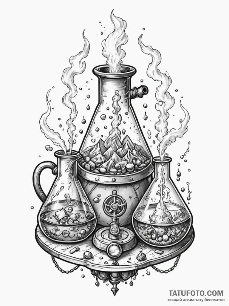 Tattoo sketch, alchemist's lab, intricately d... - эскиз тату (№1752343508_0, 12.07.2025 18:05) — Tatufoto.com