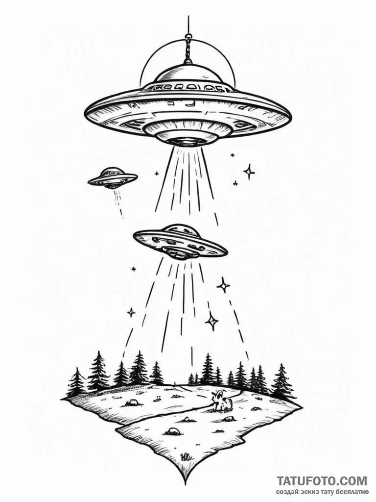 Tattoo sketch, alien abduction scene, whimsic... - эскиз тату (№1752343845_0, 12.07.2025 18:10) — Tatufoto.com