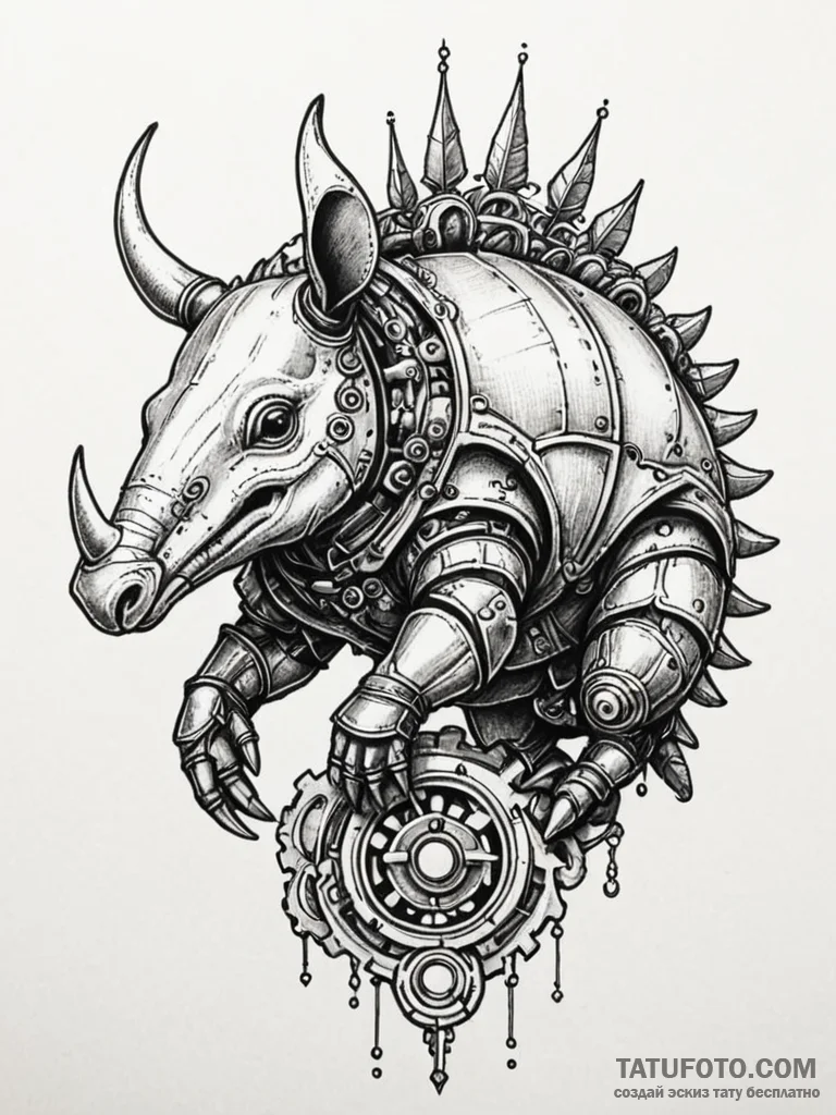 Tattoo sketch, armored armadillo with a steam... - эскиз тату (№1752344349_0, 12.07.2025 18:19) — Tatufoto.com