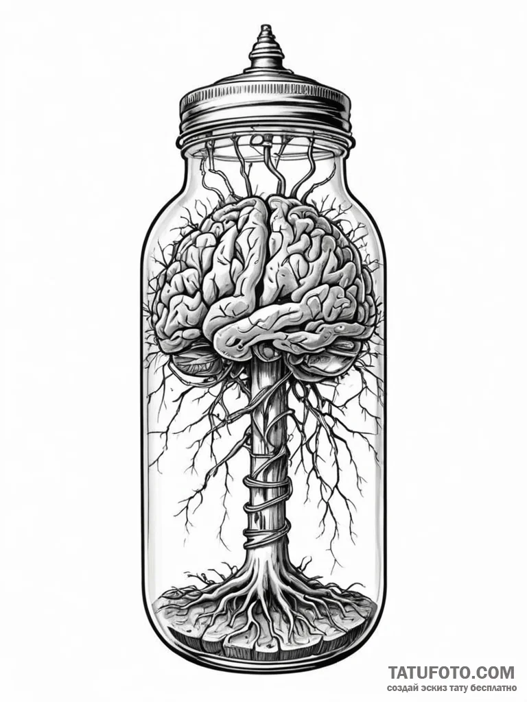 Tattoo sketch, bionic brain in a glass jar, p... - эскиз тату (№1752344933_0, 12.07.2025 18:28) — Tatufoto.com