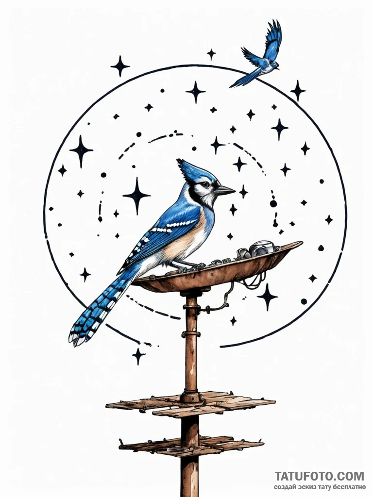 Tattoo sketch, blue jay perched on a rusted,… — эскиз тату (№1752345528_0, 12.07.2025 18:38) — Tatufoto.com