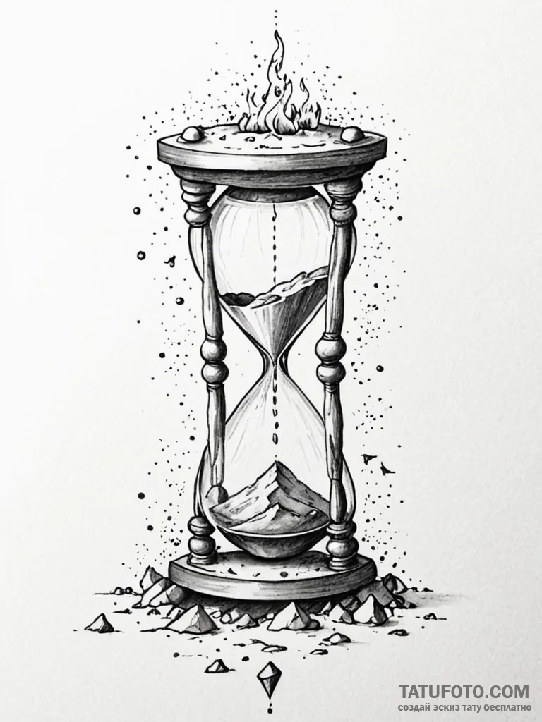 Tattoo sketch, burning hourglass, with sand m... - эскиз тату (№1752345866_0, 12.07.2025 18:44) — Tatufoto.com