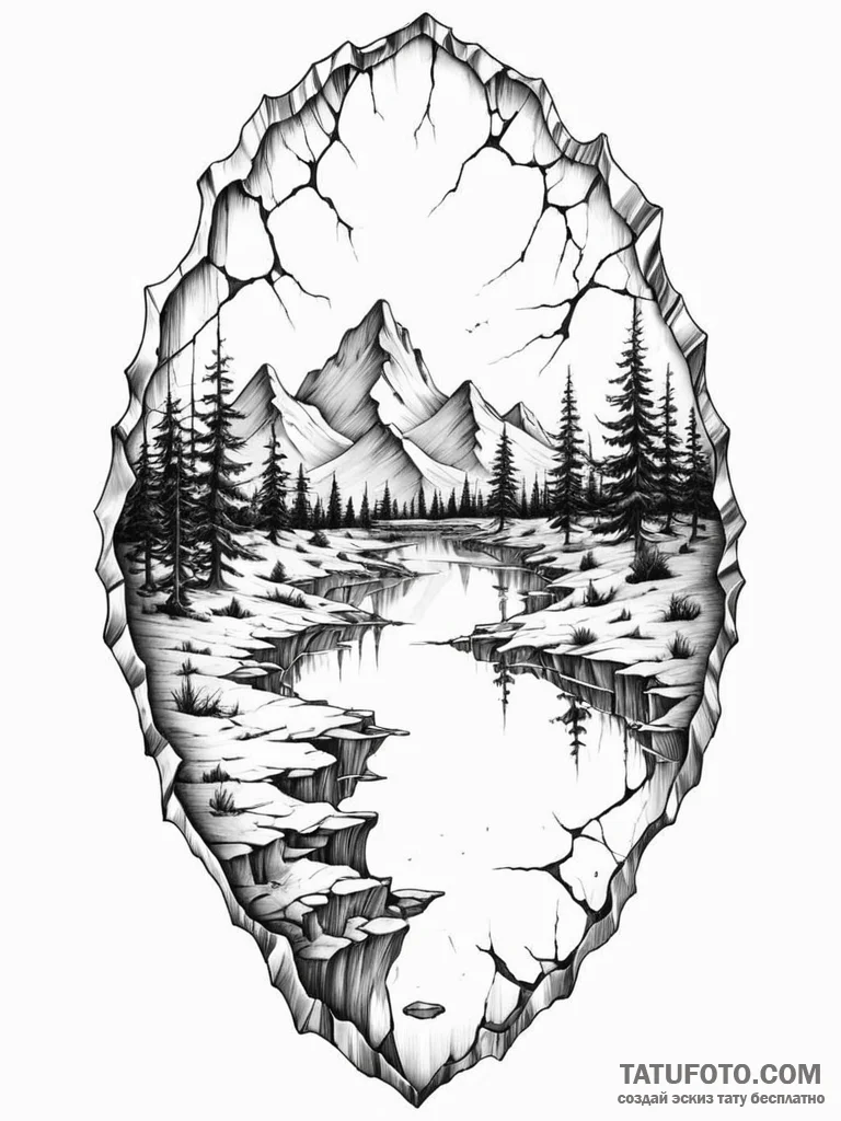 Tattoo sketch, broken mirror reflecting a dis… — эскиз тату (№1752346456_0, 12.07.2025 18:54) — Tatufoto.com
