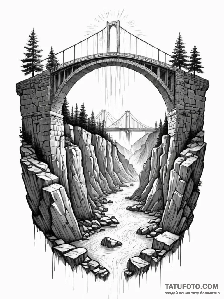 Tattoo sketch, bridge spanning a chasm, half... - эскиз тату (№1752347044_0, 12.07.2025 19:04) — Tatufoto.com