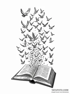 Tattoo sketch, book falling open, pages turni... - эскиз тату (№1752347381_0, 12.07.2025 19:09) — Tatufoto.com
