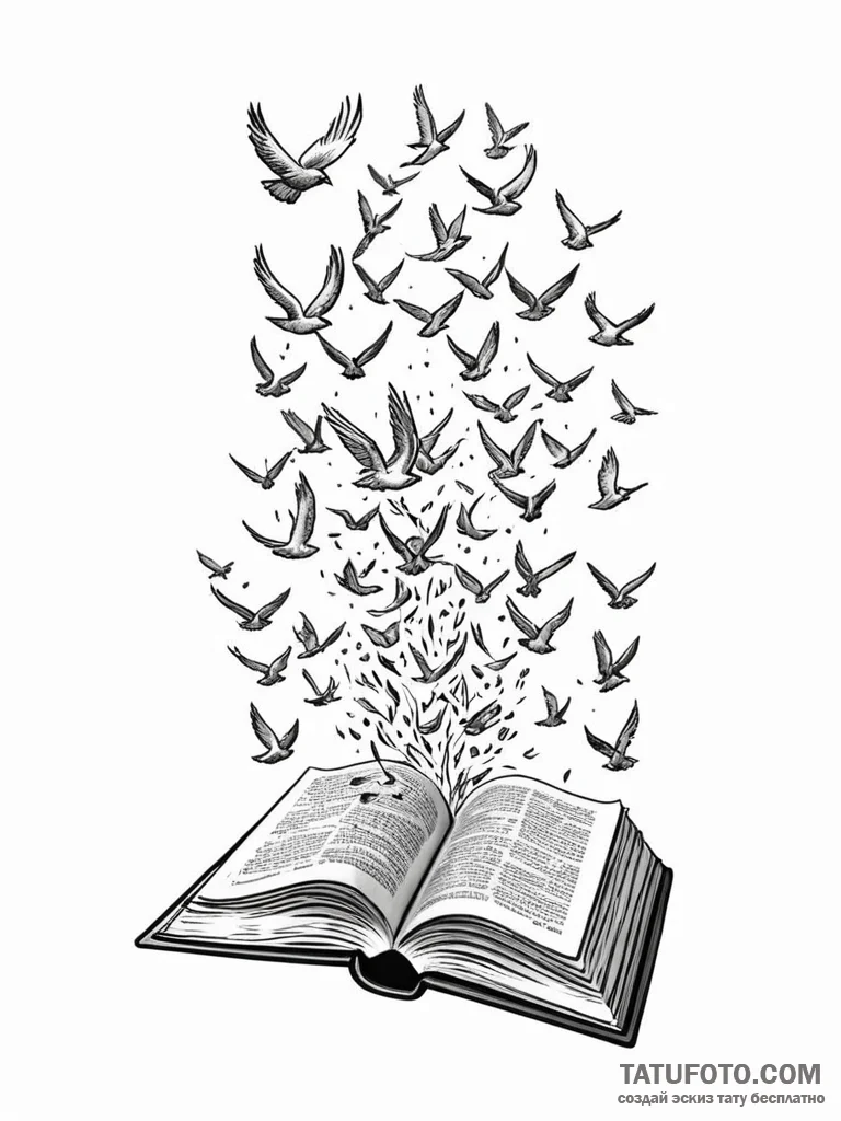 Tattoo sketch, book falling open, pages turni… — эскиз тату (№1752347381_0, 12.07.2025 19:09) — Tatufoto.com