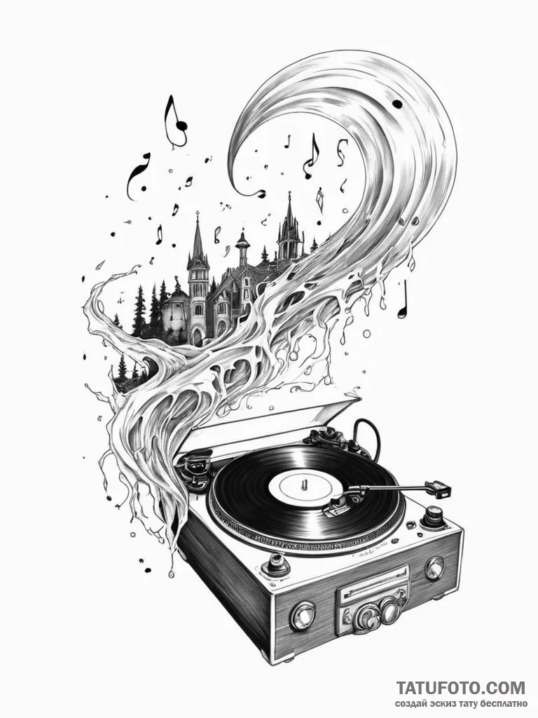 Tattoo sketch, broken record player emitting... - эскиз тату (№1752347551_0, 12.07.2025 19:12) — Tatufoto.com