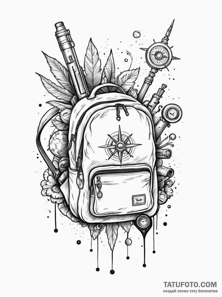 Tattoo sketch, backpack filled with adventuro... - эскиз тату (№1752347636_0, 12.07.2025 19:13) — Tatufoto.com