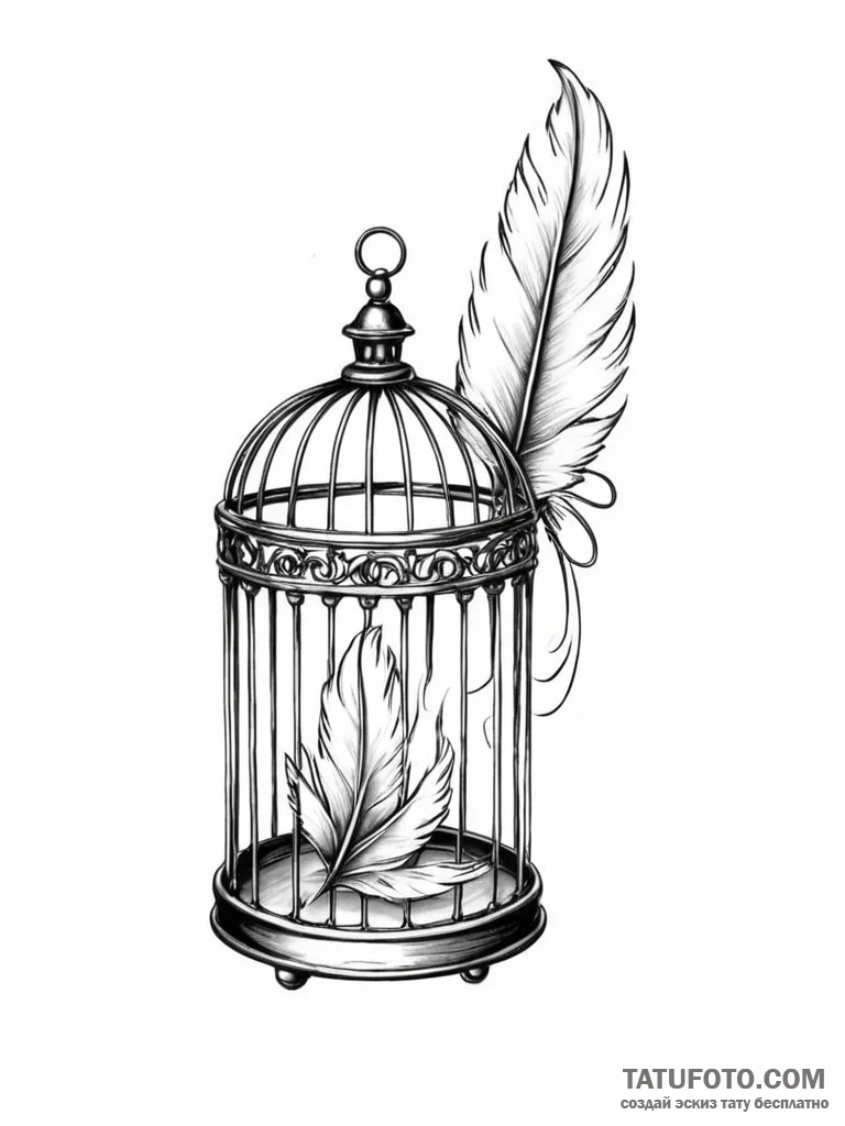 Tattoo sketch, birdcage, open, with a single,... - эскиз тату (№1752347720_0, 12.07.2025 19:15) — Tatufoto.com