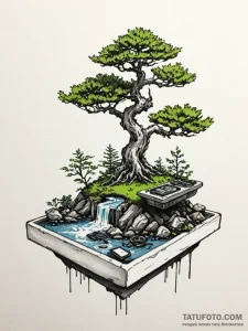 Tattoo sketch, bonsai tree growing on a tiny,... - эскиз тату (№1752347890_0, 12.07.2025 19:18) — Tatufoto.com