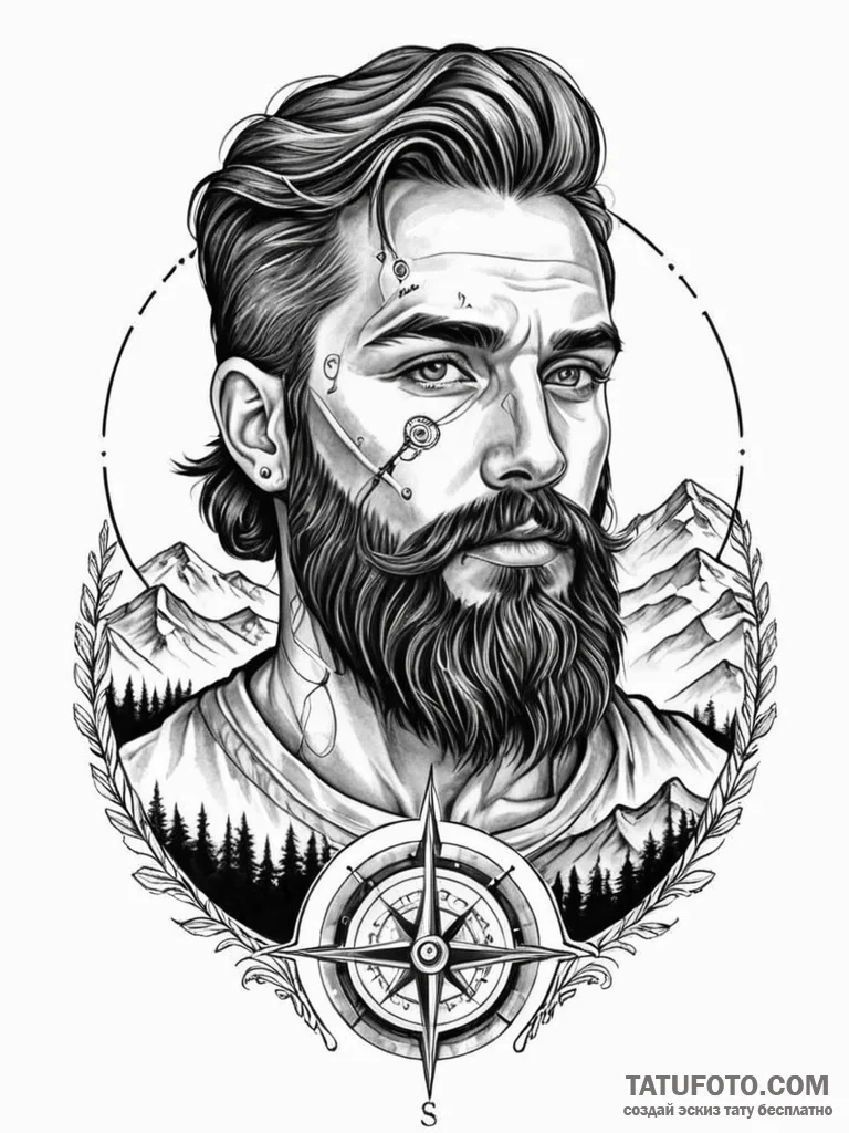Tattoo sketch, bearded man with a compass tat... - эскиз тату (№1752348314_0, 12.07.2025 19:25) — Tatufoto.com