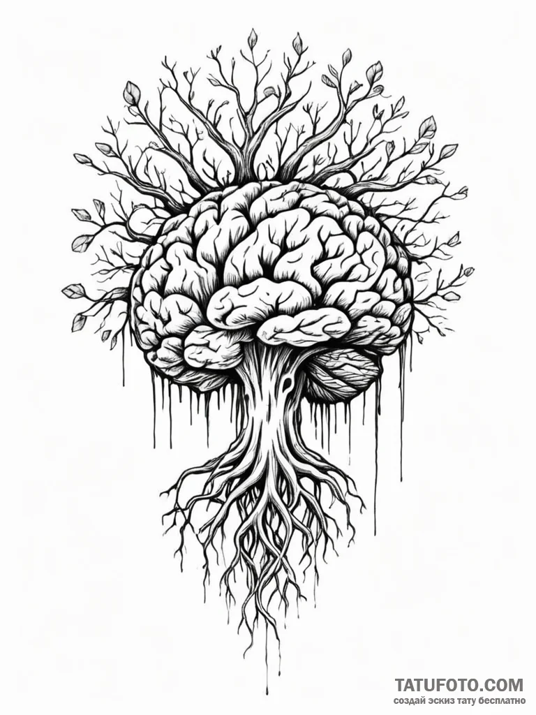 Tattoo sketch, brain with roots growing out o... - эскиз тату (№1752348483_0, 12.07.2025 19:28) — Tatufoto.com