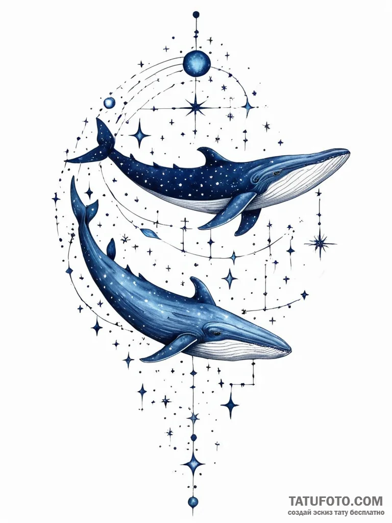 Tattoo sketch, blue whale swimming through a… — эскиз тату (№1752348991_0, 12.07.2025 19:36) — Tatufoto.com
