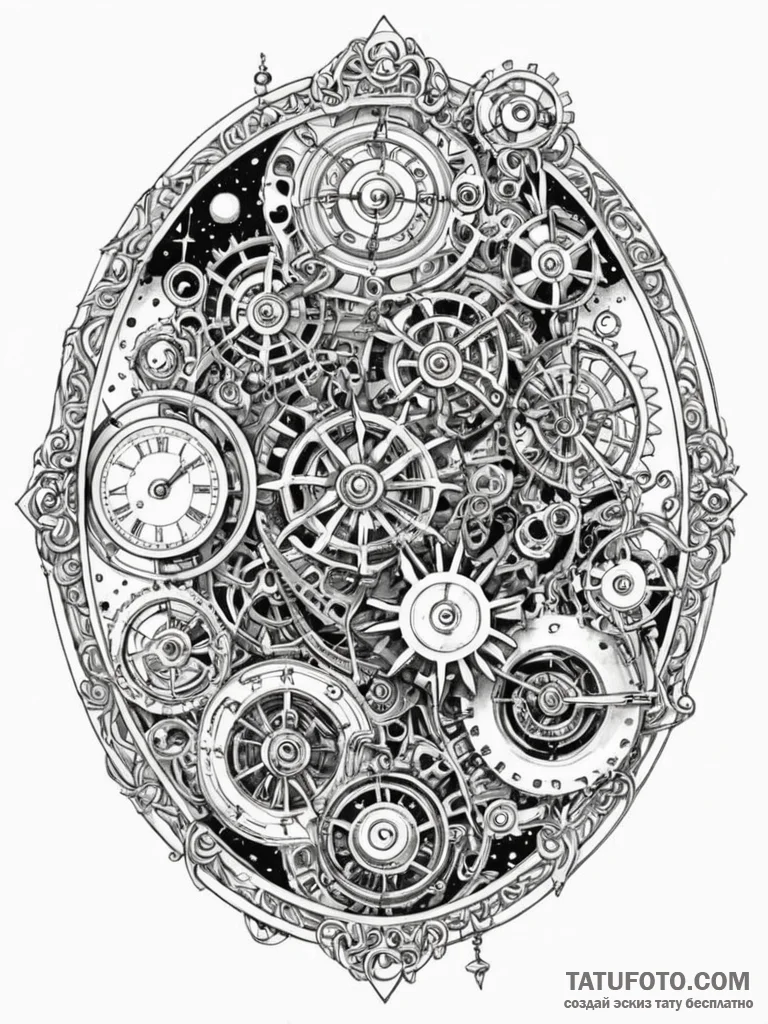 Tattoo sketch, cosmic clockwork: an intricate… — эскиз тату (№1752349079_0, 12.07.2025 19:37) — Tatufoto.com