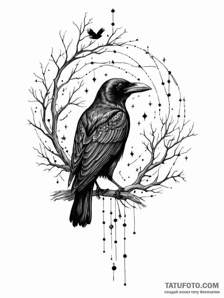Tattoo sketch, crow of consciousness: a sleek... - эскиз тату (№1752349332_0, 12.07.2025 19:42) — Tatufoto.com