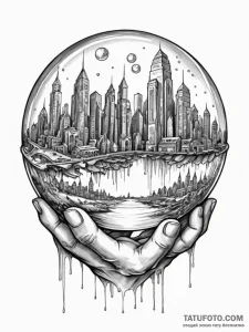 Tattoo sketch, cityscape in a crystal ball: a... - эскиз тату (№1752349502_0, 12.07.2025 19:45) — Tatufoto.com