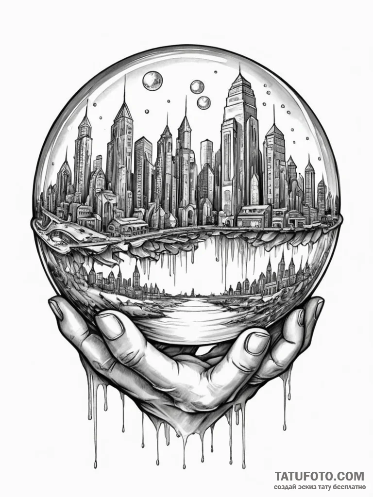 Tattoo sketch, cityscape in a crystal ball: a... - эскиз тату (№1752349502_0, 12.07.2025 19:45) — Tatufoto.com