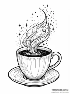 Tattoo sketch, cosmic coffee cup: a steaming... - эскиз тату (№1752349587_0, 12.07.2025 19:46) — Tatufoto.com