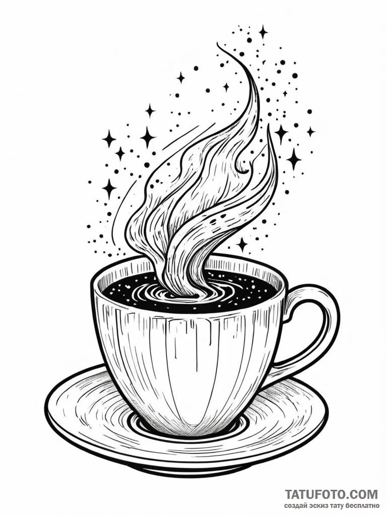 Tattoo sketch, cosmic coffee cup: a steaming... - эскиз тату (№1752349587_0, 12.07.2025 19:46) — Tatufoto.com