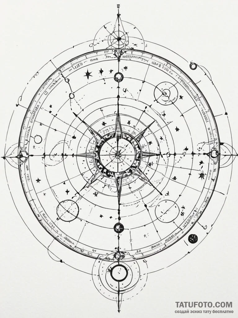 Tattoo sketch, celestial cartographer: an old… — эскиз тату (№1752349924_0, 12.07.2025 19:52) — Tatufoto.com
