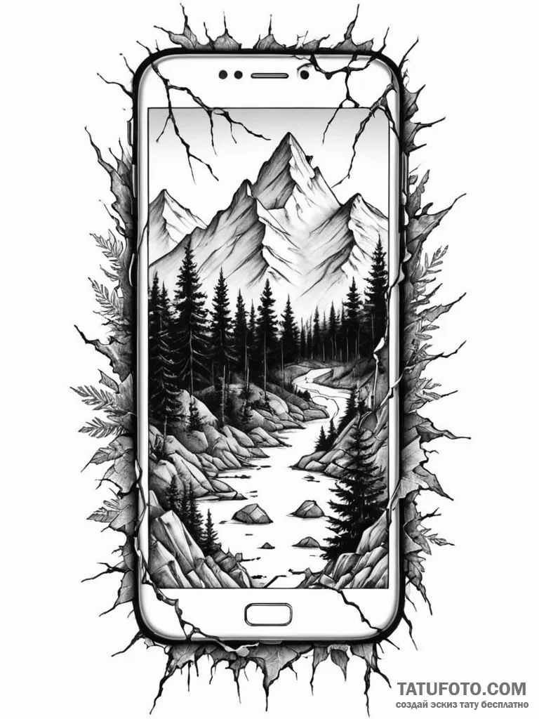 Tattoo sketch, cracked screen reality: a tatt… — эскиз тату (№1752350009_0, 12.07.2025 19:53) — Tatufoto.com