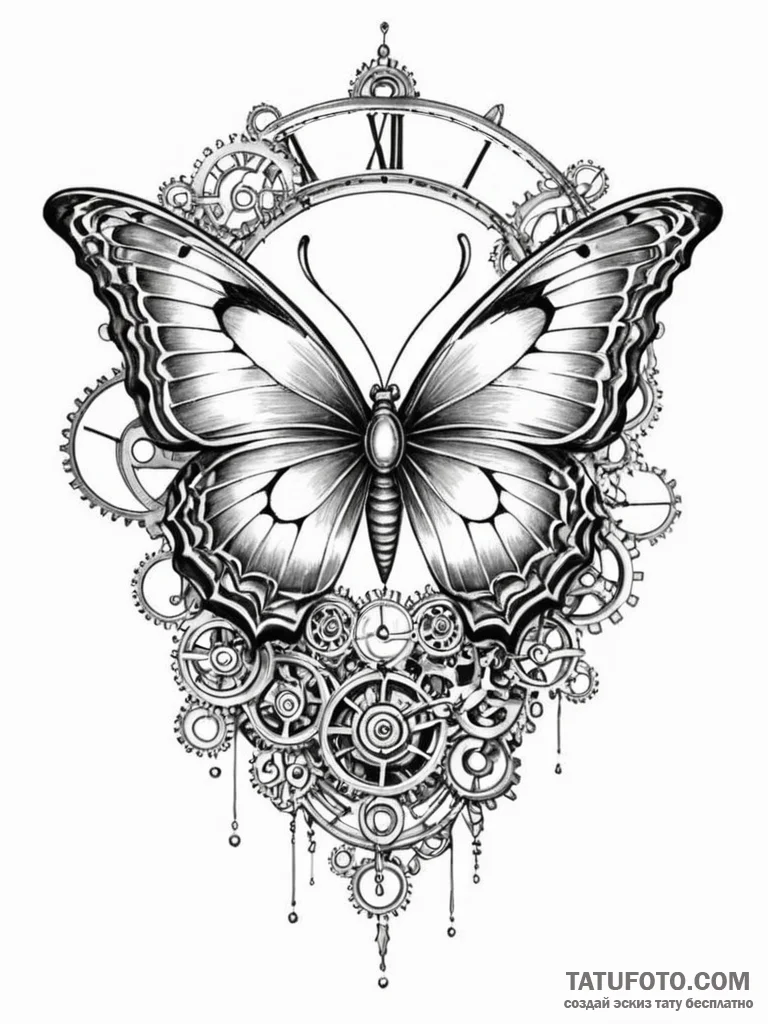 Tattoo sketch, chrono-butterfly: a butterfly... - эскиз тату (№1752351955_0, 12.07.2025 20:25) — Tatufoto.com