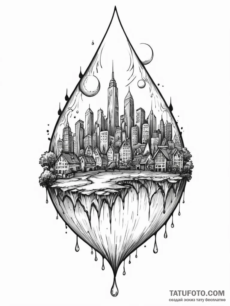 Tattoo sketch, city in a tear drop: a detaile... - эскиз тату (№1752352040_0, 12.07.2025 20:27) — Tatufoto.com