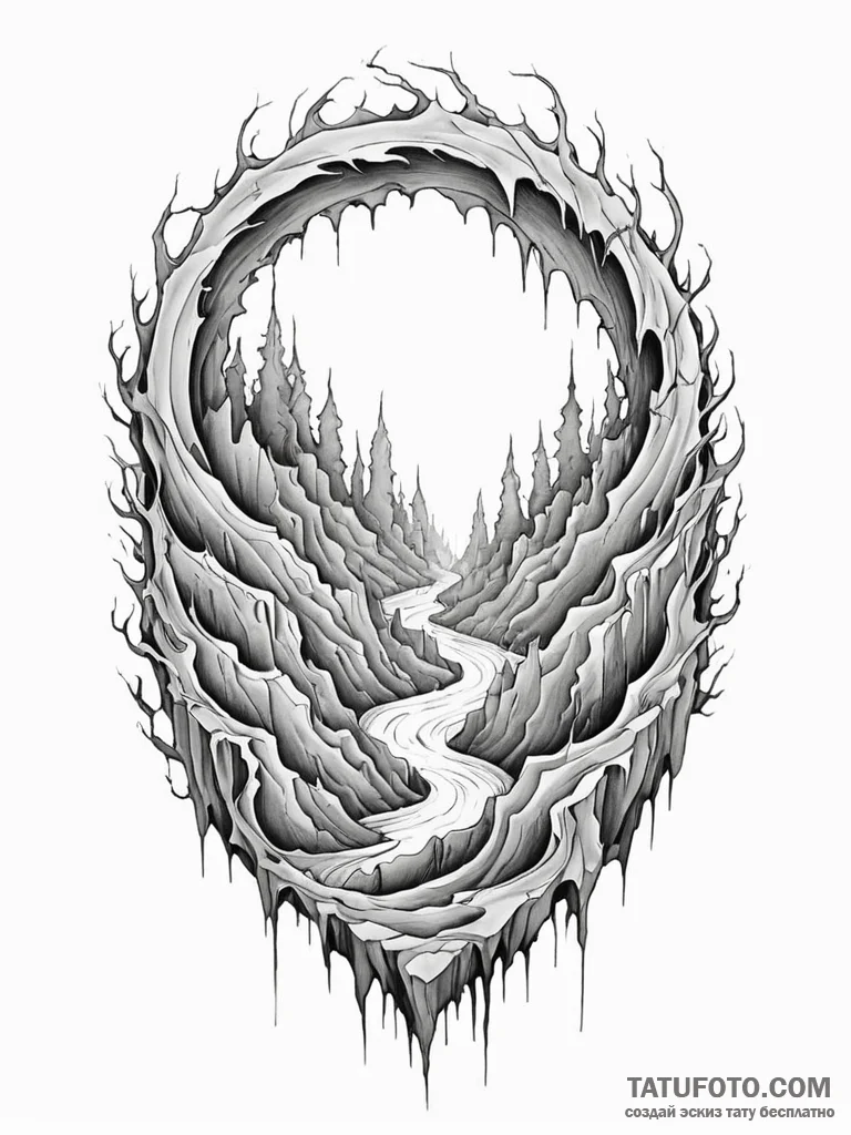 Tattoo sketch, chasm of choices: a deep, swir... - эскиз тату (№1752352379_0, 12.07.2025 20:32) — Tatufoto.com